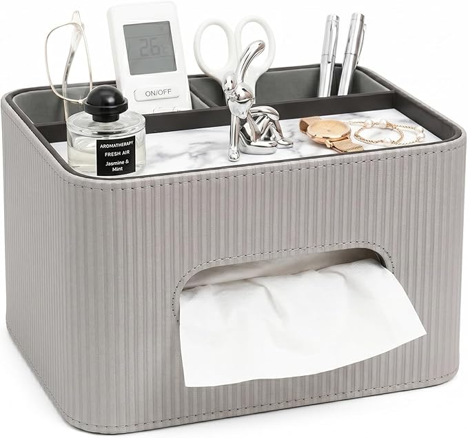 Tissue Box Cover Rectangle with Storage Organizer,Grey Leather Tissue Box Cover for Bathroom, Night Stands,Office Desk,Living Room, Decorative Tissue Holder,Compact Size for car Tissue Refills