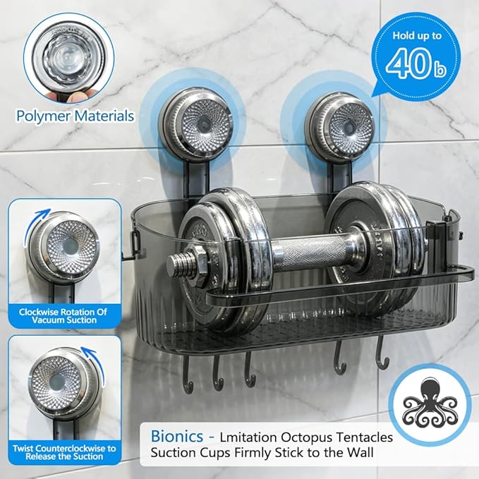 Abnaok 2026 Upgraded Bathroom Suction Storage Box, No Drill Bathroom Shelves with Drain Holes, Towel Rack, and Hooks, Load-Bearing, Removable Suction Cup Shower Caddy for Bathroom, Kitchen