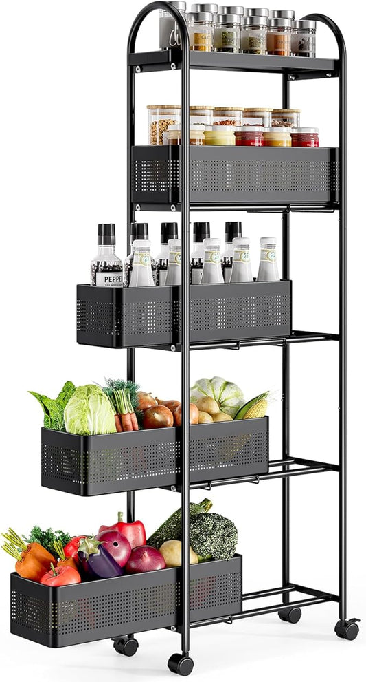 5-Tier Slim Storage Cart with Drawer, Rolling Utility Cart on Wheels, Narrow Metal Cart for Space Save, Lockable Wheels, Easy Assembly for Kitchen Cart, Craft Cart, Nursery Organizer, Laundry