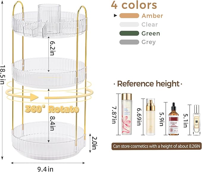 360° Rotating Makeup Organizer, Upgraded 3 Tier Skincare Perfume Organizers for Women, Bathroom Organizer Countertop, Clear Cosmetic Dresser Organizer with Makeup Brush Holder, Sink&Counte (Clear)