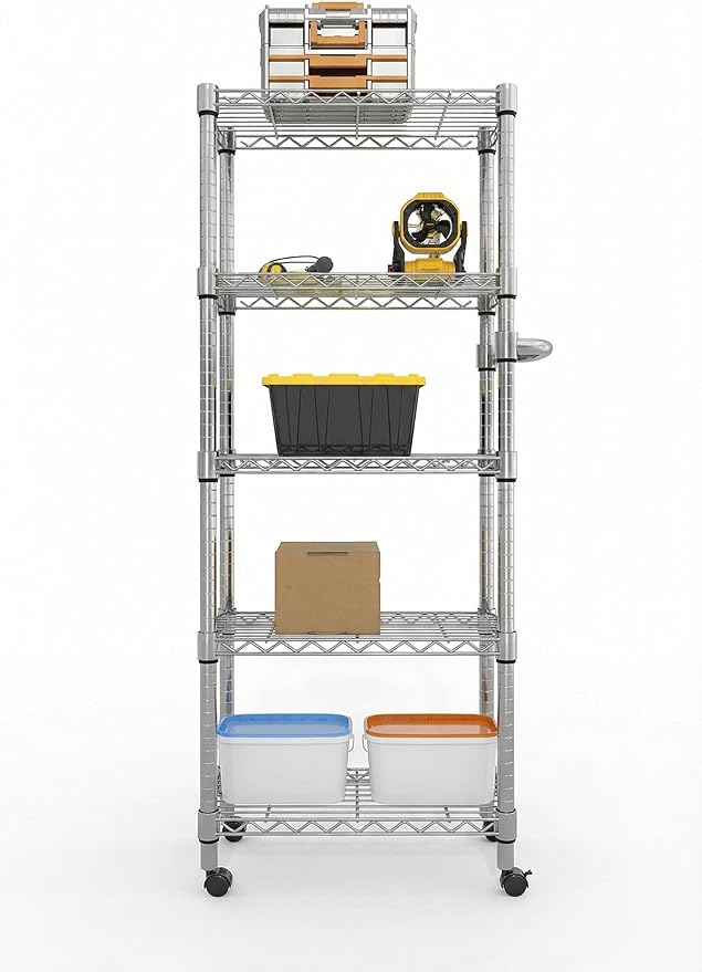 5-Tier Metal Wire Storage Rack with Lockable Wheels, Heavy Duty Shelving Unit Supports 1100 lbs, 61" Tall Rolling Organizer for Kitchen, Garage, or Bedroom
