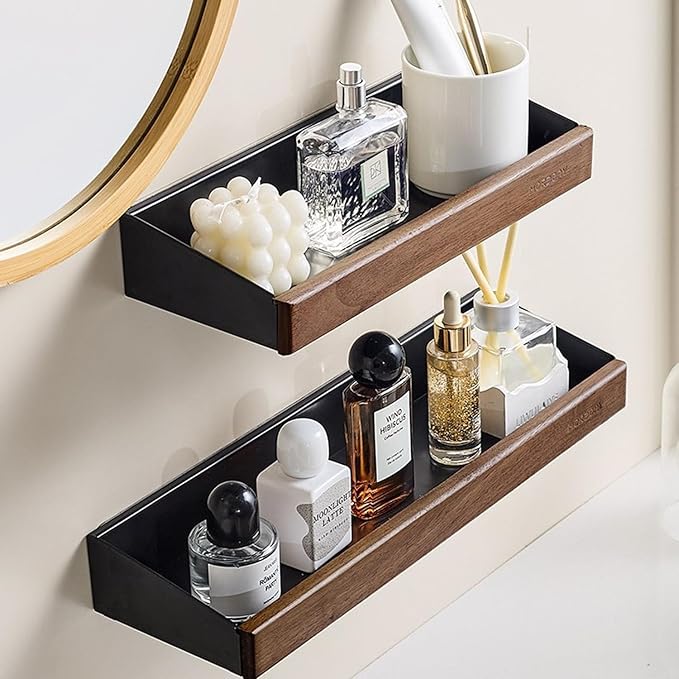 12 Inch Black Wall Shelves for Wall, Adhesive Floating Shelves with 1 Inch Height Wooden Decor Panel, Plastic Adhesive Shelves Shower Organizer for Living Room, Bedroom, Office and Kitchen