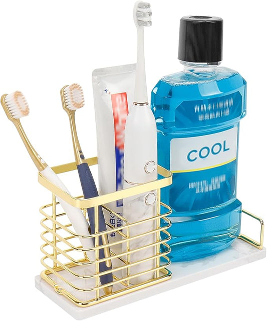 Toothbrush Holder, Luxurious Metal Toothbrush Toothpaste Holder with Marble Base for Bathroom, Multi-Slots Openwork Design, Bathroom Accessory for Storage and Organizer (Large, Gold)