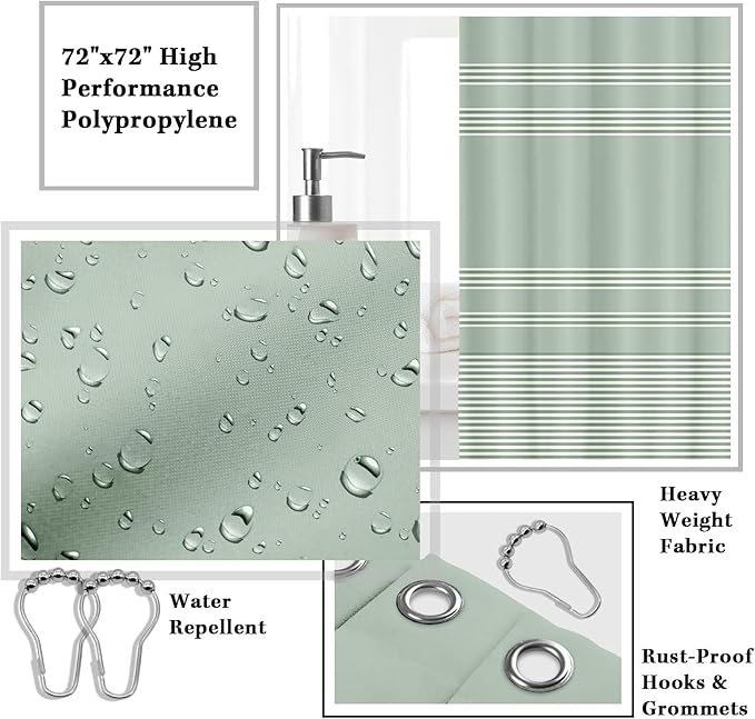 Britimes Bathroom Accessories Sets, Sage Green Shower Curtain Set with Trash Can, Soap Dispenser, Toilet Brush Holder, Toothbrush Holder and Toothbrush Cup for Bathroom Decor (Green)