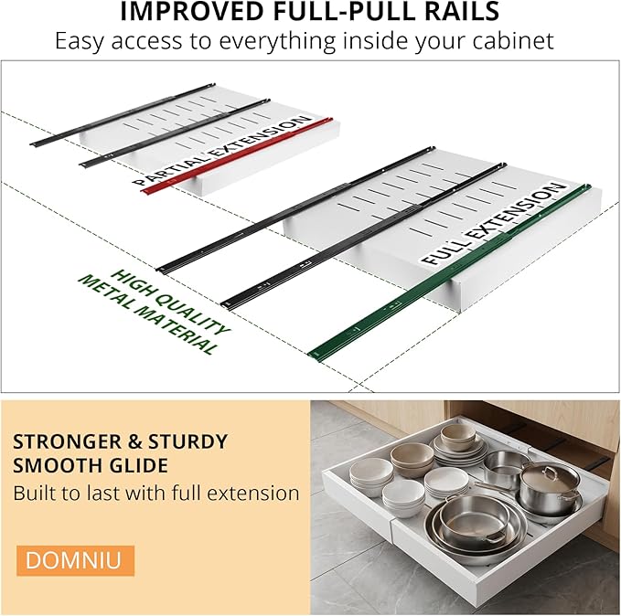 DOMNIU 4 Pack Pull Out Cabinet Organizers Expandable Width (12.4''-20.27''), Metal Slide Out Drawers, Upgrade 3 Slide Rails Sliding Drawer for Kitchen Cabinet Organizer with Adhesive Nano Film, White