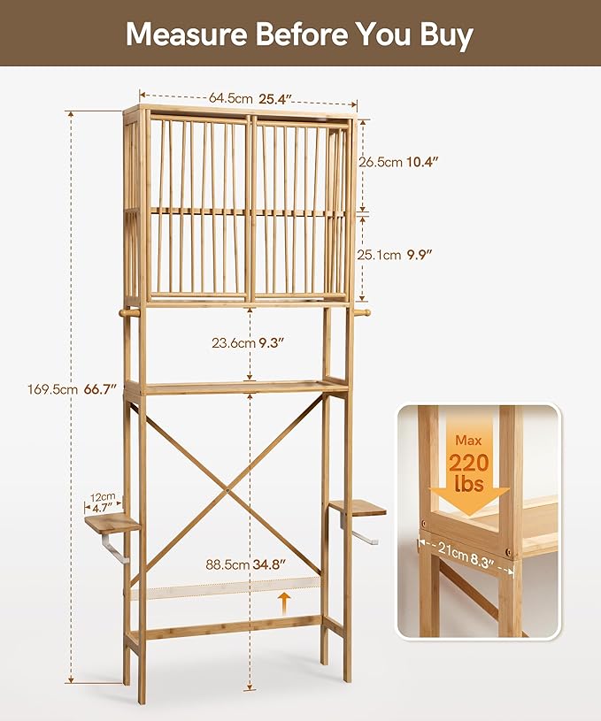 Afuly Bamboo Over the Toilet Storage Cabinet with Doors Bathroom Shelves Over Toilet Organizers and Storage, Above Toilet Shelf with Paper Holder, Phone Stand and Hooks, Space Saver (Natural)
