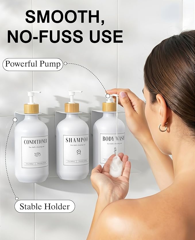 Luxspire Shampoo and Conditioner Dispenser, Shower Soap Dispenser Wall Mounted 3 Sets Plastic Bottles Bamboo Pump, 17OZ Shampoo and Conditioner Bottles for Bathroom, Shower Wall and Hotel, White