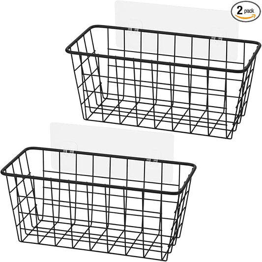 Toplife Kitchen Hanging Basket, No Drilling Cabinet Door Organizer Rack, Wall Adhesive Basket for Cabinet, Cupboard Door, Bathroom, Kitchen Storgae Baskets, Black (2 PacK)