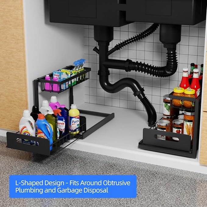 2-Tier Under Sink Slide Out Organizer, 2 Pack Pull Out Cabinet Storage Shelf with Sliding Wire Basket Drawer for Bathroom Kitchen, Countertop or Pantry Shelf, Black