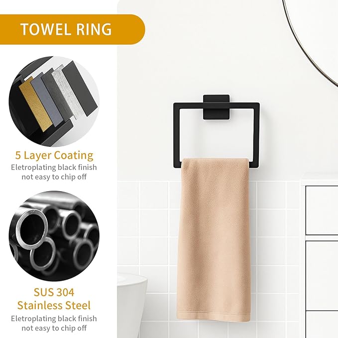 5-Piece Matte Black Bathroom Hardware Accessories Set - 16 Inch Stainless Steel Wall Mounted Towel Rack, Toilet Paper Holder, Towel Ring & 2 Hooks, Bathroom Organizer and Storage