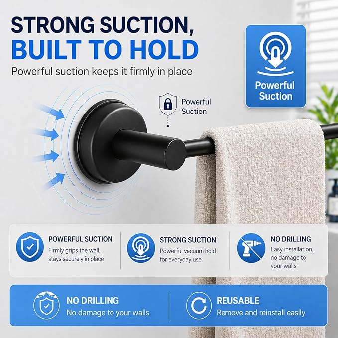 Extendable Suction Cup Towel Bar, Matte Black Stainless Steel No Drill Towel Holder for Bathroom, Adjustable Wall Mounted Towel Rack for Shower, Kitchen, RV, Smooth Tile, Glass, Mirror and Metal