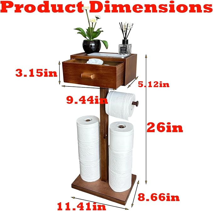 Freestanding Bathroom Toilet Paper Holder Stand with Shelf, Bamboo Toilet Paper Roll Holder with Wet Wipes Storage Drawer(Brown)