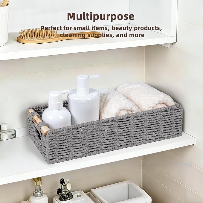 CubesLand Back of Toilet Storage Basket for Organizing w/Cut Out Handle, Handwoven Toilet Tank Top Paper Baskets, Small Wicker Decorative Basket for Countertop, Home, Living Room, Nursery, Grey
