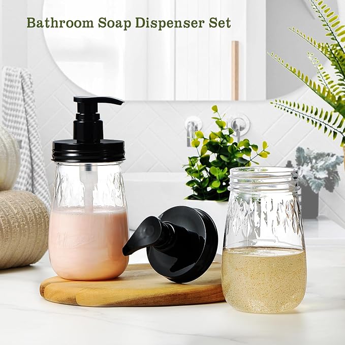 Amolliar Plastic Soap Dispenser with Pump Lid, 16 Oz Refillable Bathroom Hand Dish Soap Dispenser Set, Clear Kitchen Liquid Dispenser with Cute Lables for Farmhouse Shower (2 Pack, Black)
