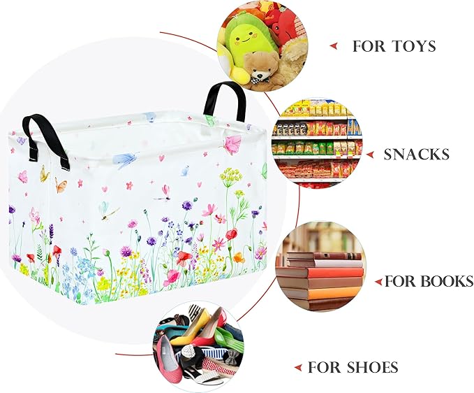 Baby Storage Basket Nursery Box Laundry Hamper Organization Bins for Toys and Clothes with Handles (Blue Flower)