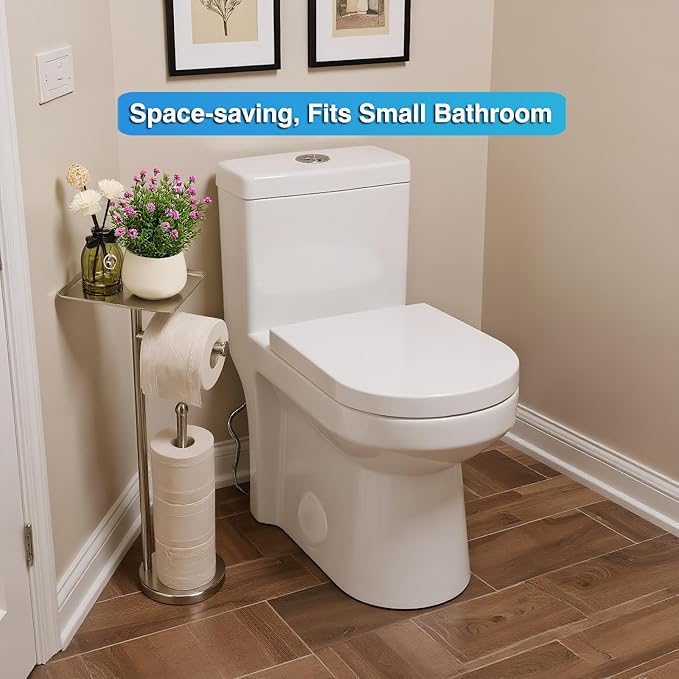 Toilet Paper Holder with Shelf, Freestanding Tissue Paper Stand with Storage Space for Extra 4 Toilet Paper Rolls (Stainless Steel Base, Brushed Nickel)