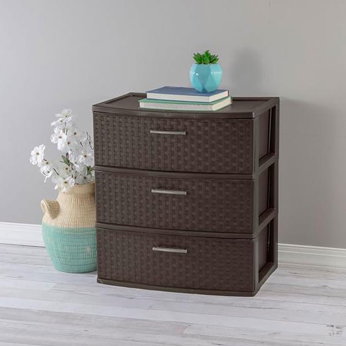 Sterilite Wide 3 Drawer Weave Tower Home Plastic Organizer with Handles, Espresso - Tall Vertical Storage Unit for Bedroom, Closet, Bathroom, Dorm Room, and Office Organization