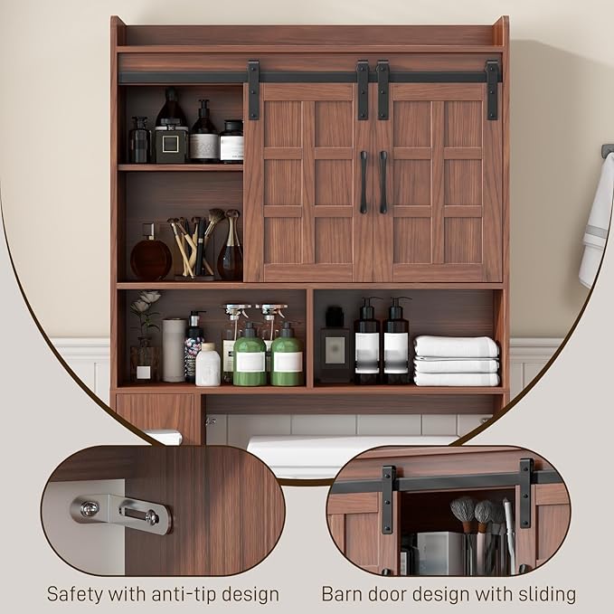 Halitaa Over The Toilet Storage Cabinet, Farmhouse Storage Cabinet Over Toilet with Sliding Doors，Home Space-Saving Toilet Rack, for Bathroom, Restroom, Laundry. Walnut