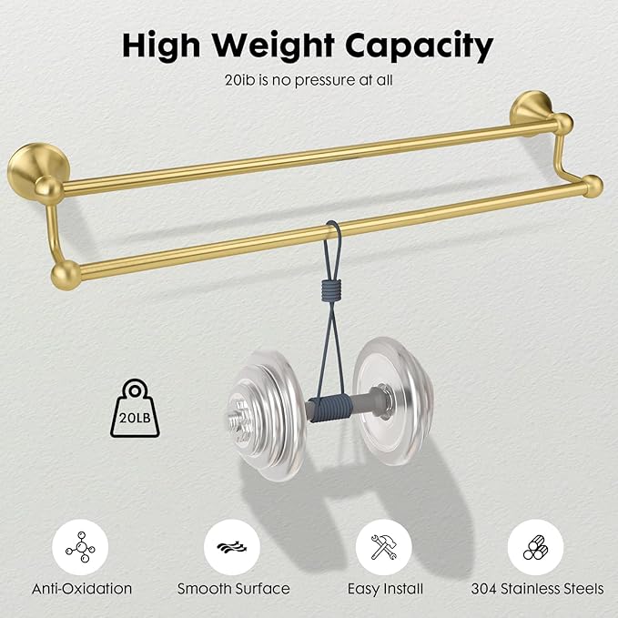 Antique Bathroom Double Towel Bar Brushed Gold, 24 Inch Towel Racks for Bathroom Wall Mounted,Bathroom Towel Holder,Two Towel Rod Hanger for Hotel