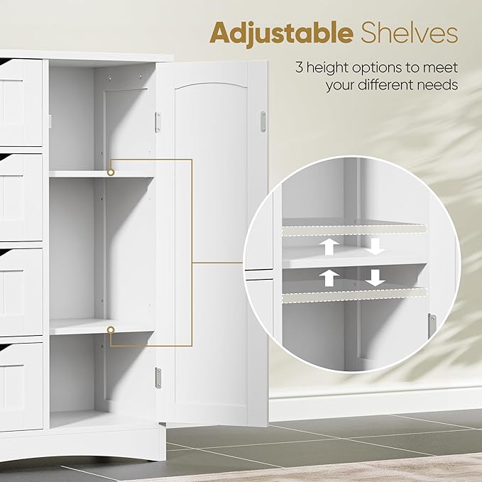 ZENY Bathroom Floor Storage Cabinet, Side Storage Organizer with 4 Drawers and 1 Cupboard, Adjustable Shelf Freestanding Entryway Storage Unit for Living Room/Bathroom (White)