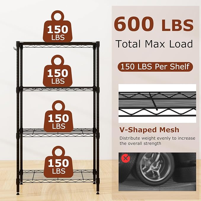 GOFLAME 4-Tier Metal Storage Shelving Unit, Heavy-Duty Adjustable Utility Shelf with V-Shaped Wire Rack, 600 LBS Storage Organizer for Home, Kitchen, Garage, Basement, 23.5”L x 13.5”W x 42.5”H