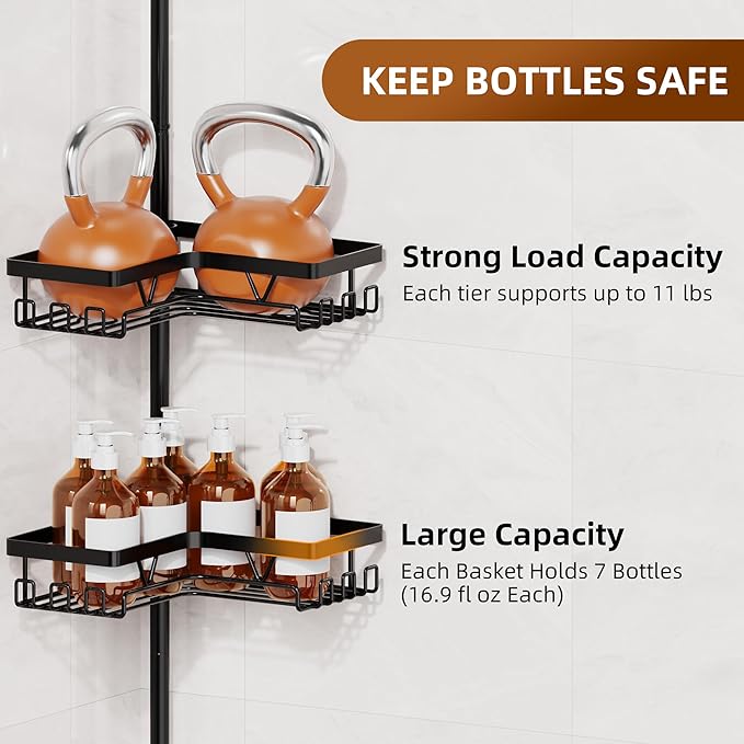 KEGII Shower Caddy Tension Pole, Rustproof Adjustable Corner Shower Organizer with 2 Suction Soap Holder, No-Drill Bathroom Storage Rack, Fits 25–114.2 Inch, Black