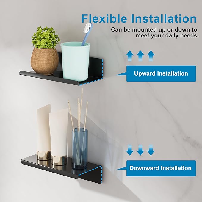 SAYAYO Black Floating Shelves for Wall Storage, 8 Inch Adhesive Wall Shelves for Bedroom Decor, Small Display Bathroom Shelf Organizer for Kitchen, Living Room, Office, 2pcs