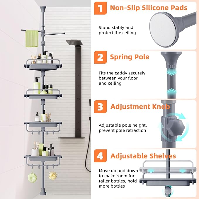 XLHOMO 32-122inch Corner Shower Caddy Tension Pole Grey, Rustproof Drill-Free Shower Shelves for Bathroom Bathtub Washbasin, Adjustable Shower Organizer with 4 Tier Patent Stable Shelves & Towel Bars
