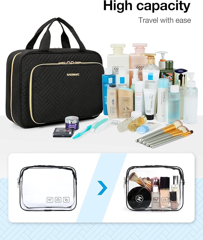 BAGSMART Toiletry Bag Hanging Travel Makeup Organizer with TSA Approved Transparent Cosmetic Bag Makeup Bag for Full Sized Toiletries, Large-Blck