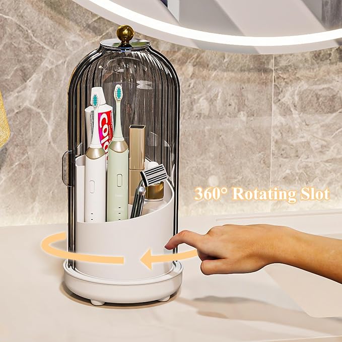 Toothbrush Holders with Cover, Drainage Rotating Electric Toothbrush Organizer, 3 Slots Tooth Brush Holder for Bathroom Counter, Grey White
