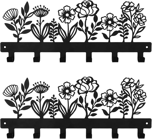 16 Inches Towel Rack Key Holder Wall Mounted with 6 Hooks, Black Metal Keychain Hanger for Entryway Front Door Hallway Mudroom, Waterproof Rustproof Kitchen Bathroom Organizer Home Decor