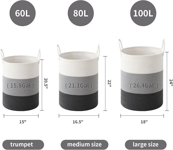 Laundry Basket Hamper Tall Rope Storage Woven for Blanket toys Dirty Clothes in Living Room Bathroom Bedroom (Gradient Grey, 80L/21.3Gal)