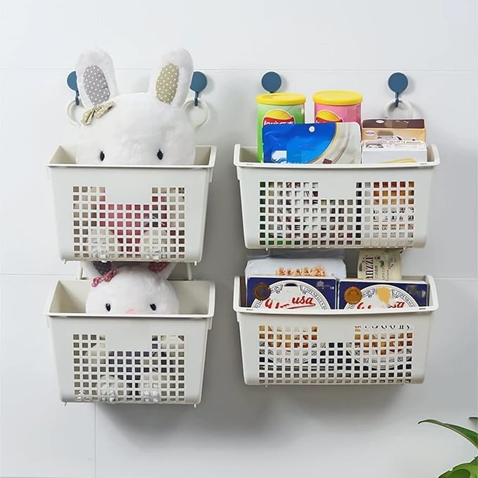 5PCS Plastic Hanging Baskets for Shower, Hanging Basket Organizer with Hooks, Rectangle 11.3Inches Small Hanging Storage Basket (Beige)