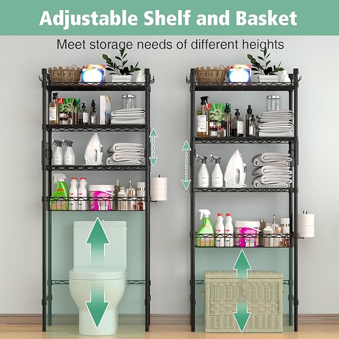 PrimeZone Over The Toilet Storage Rack - 4 Tier Adjustable Bathroom Shelf Organizer, Metal Space Saver Over Toilet with 2 Hooks, Freestanding Above Toilet Storage Shelves for Bathroom Laundry, Black