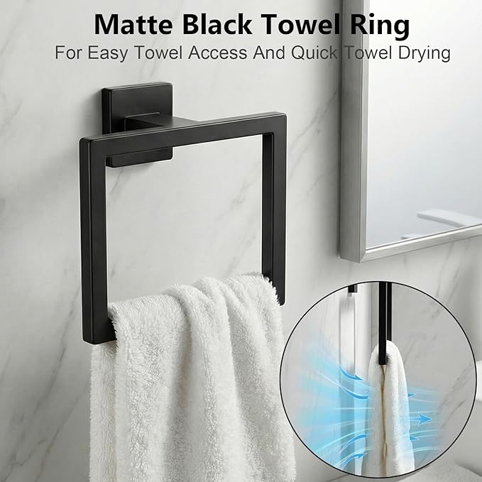 Tudoccy 5-Pieces Matte Black Bathroom Accessories Set, Bathroom Hardware Set SUS304 Stainless Steel Rustproof Wall Mounted - Includes 16" Hand Towel Bar, Toilet Paper Holder with Shelf, Towel Hooks