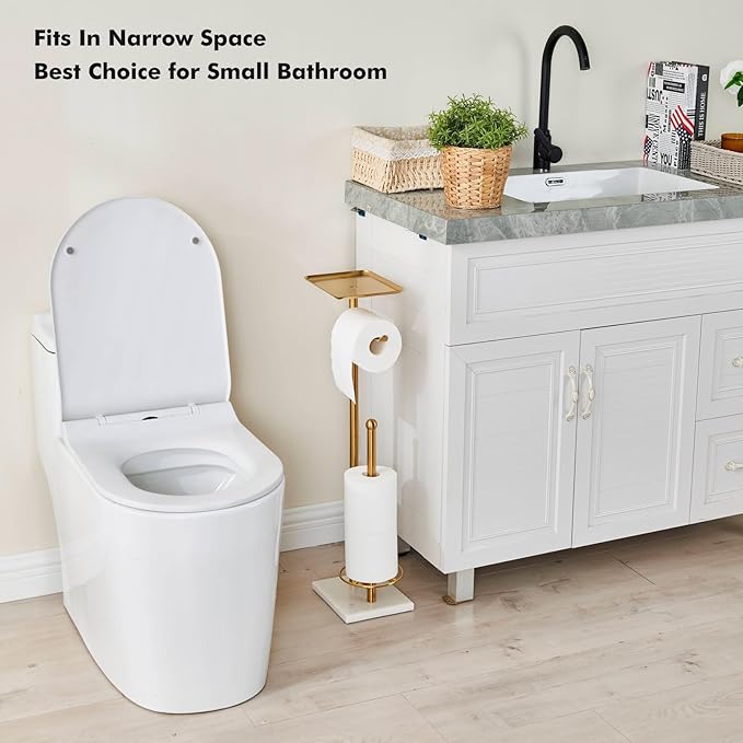 Toilet Paper Holder with Tray at The Top, Sturdy Marble Base No Wobby, Holding Extra 3 Toilet Paper Rolls As Spare Use, Freestanding No Drilling (Gold)