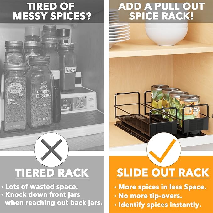 SpaceAid Pull Out Spice Rack Organizer for Cabinet, Heavy Duty Slide Out Seasoning Kitchen Organizer, Cabinet Organizer, with Labels, 7.7" W x10.8 D x4 H, 2 Drawers 1-Tier
