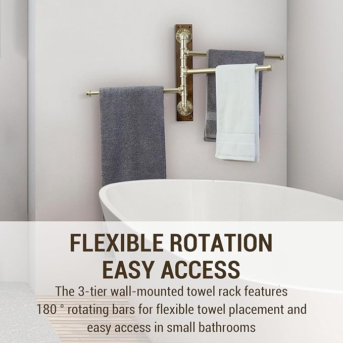 MyGift Swivel Towel Rack, Wood Towel Bar Holder with 3 Tier Industrial Metal Pipe, Wall Mount Towel Hanger Storage for Bathroom, Kitchen, Pool Outdoor (Brass)