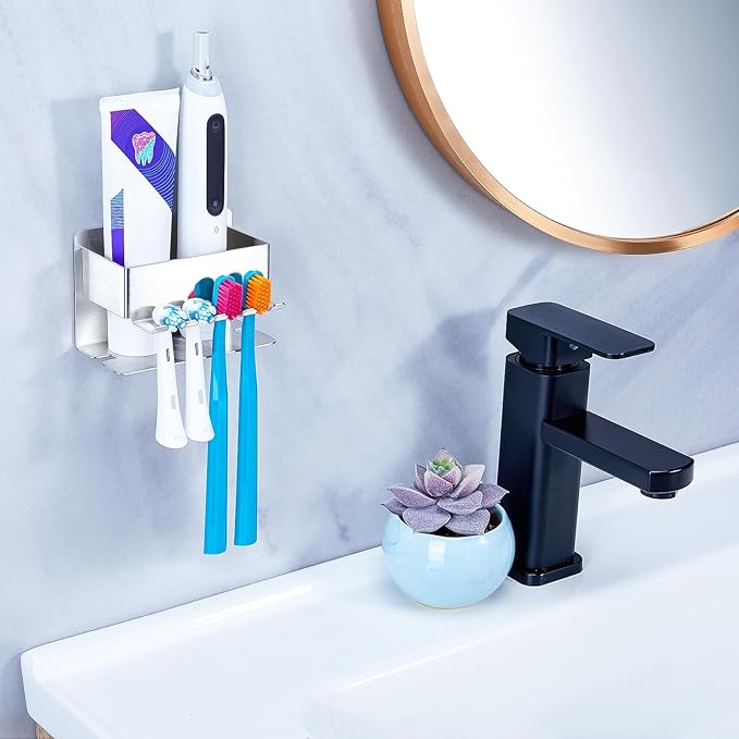 Toothbrush Head Holders, Electric Tooth Brush Head Holder, Adhesive Toothpaste Holder for Shower Bathrooms, Wall Mounted Tooth Brushing Holder Organizer Storage (Silver, Small)
