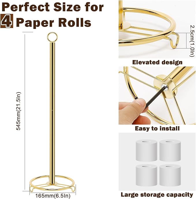 Bath Toilet Paper Holder, Metal Toilet Tissue Roll Organizer Storage, Tissue Paper Holder Stand for Bathroom/Kitchen Countertop, 21" H (Gold)