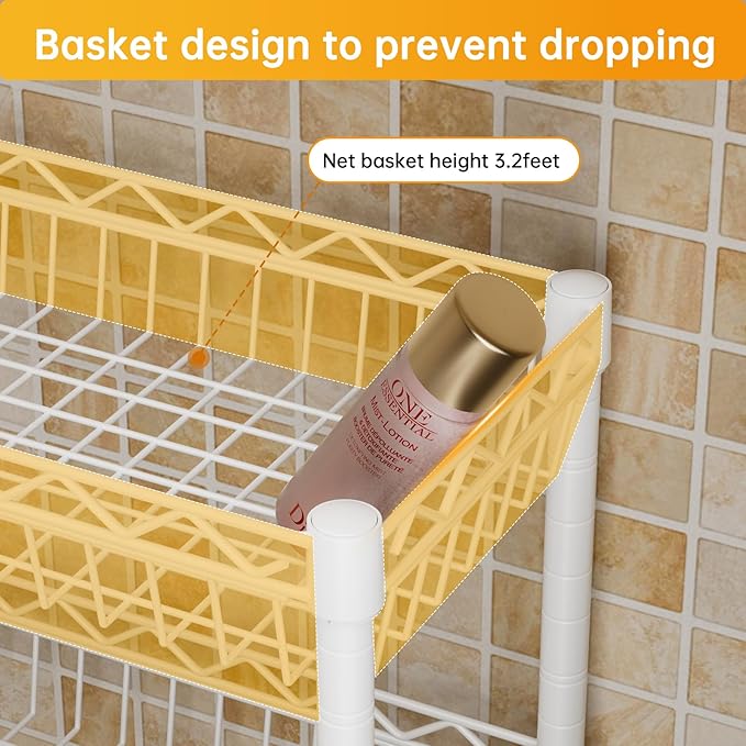 Golpart 3-Tier Over-The-Toilet Storage Shelf,Heavy-Duty Adjustable Bathroom Rack with 2 Mesh Baskets,Toilet Paper Holder & Hooks,Space-Saving Organizer for Bathroom,10”D x 24”W x 66”H,White