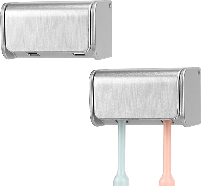 2 PCS Toothbrush Holder Wall Mounted with Cover for Bathroom, 2 Slots Toothbrush Storage Organizer for Shower, Self Adhesive Toothbrush Hanger Rack for Dorm, Cabinet (Brushed Silver)