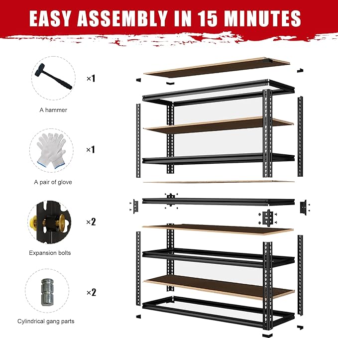Storage Shelving Unit, 5 Tier Garage ShelvesHeavy Duty, Adjustable Metal Shelving Unit,2400LBS Black forPantry, Basement, Warehouse, Kitchen, Pantry and Closet,72" H