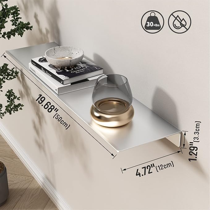 Danpoo 20 inch Floating Shelf for Wall Organizer & Storage, Display Shelf, Metal Wall Shelf for Bathroom, Living Room, Kitchen, Bedroom(Silver)
