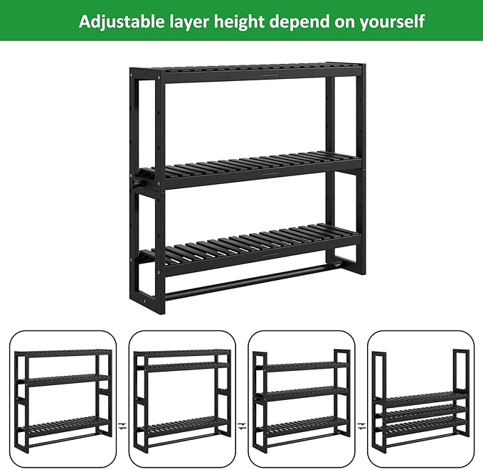 RRX Bathroom Shelf Storage Organizer, Bathroom Shelf 3-Tier Adjustable Layer Bamboo Organizer with Bar, Hanging, Freestanding Over Toilet Utility Shelves, Black