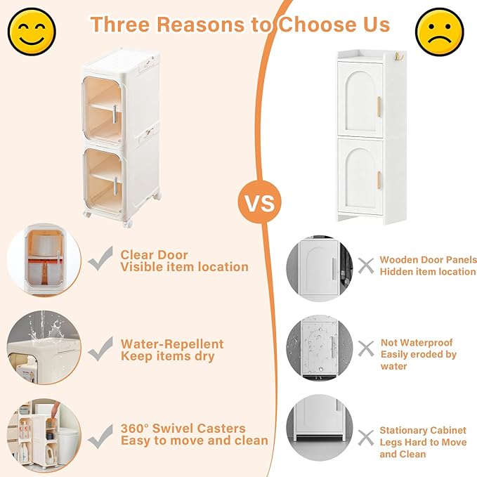 2-Tier Slim Bathroom Storage Cabinet, Narrow Storage Cabinet with Wheels, Adjustable Shelves, Magnetic Doors, Water-Proof, Anti-Tip Skinny Organizer Cabinet for Small Space, Cream White