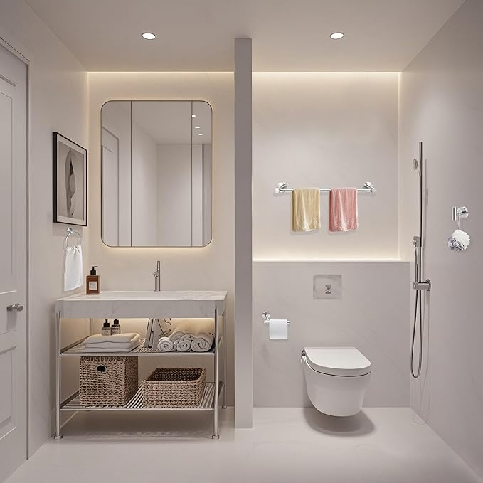 10pcs Brushed Nickel Bathroom Hardware Set, Including 2pcs 24in Retractable Hand Single Towel Bar with 2pcs Toilet Paper Holders, 2pcs Towel Rings 4pcs Multifunctional Robe Hooks
