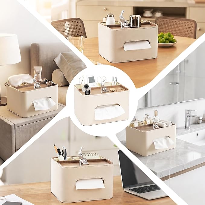 Tissue Box Cover Rectangle with Storage Organizer,PU Leather White Tissue Box Cover for Bathroom, Night Stands,Office Desk,Living Room, Decorative Tissue Holder,Compact Size for car Tissue Refills