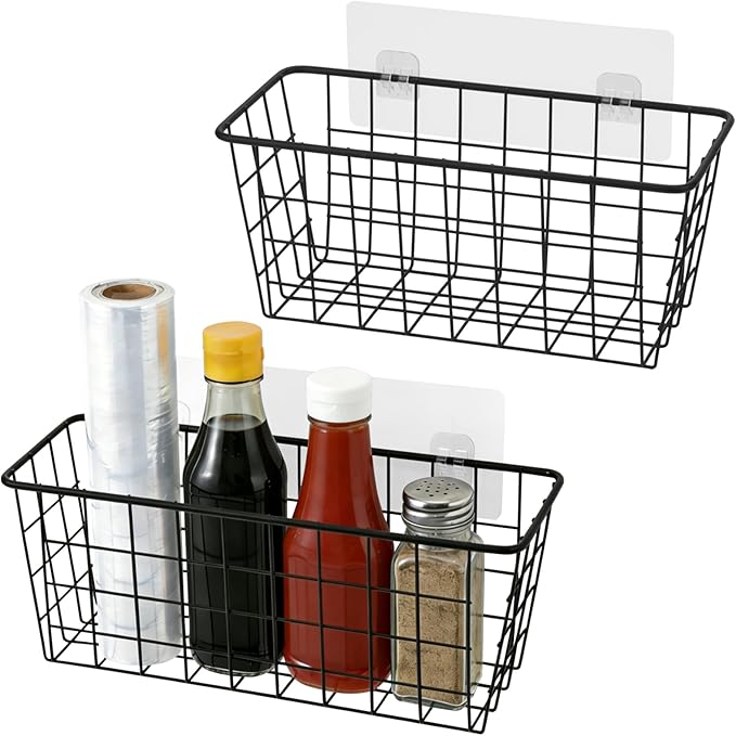 Toplife Kitchen Hanging Basket, No Drilling Cabinet Door Organizer Rack, Wall Adhesive Basket for Cabinet, Cupboard Door, Bathroom, Kitchen Storgae Baskets, Black (2 PacK)