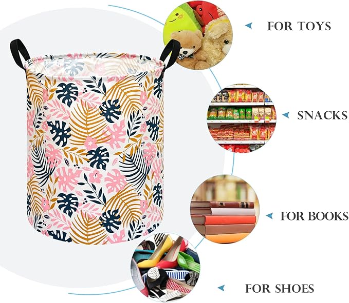Round Pink Leaves Pattern Laundry Hamper Storage Basket Fabric Material Storage Hamper Organization Basket, Storage Bin, Gift Box with Handles for Room